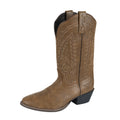 The Pure Western Womens Louetta Western Boots (P6W28515) Bomber by Pure Western feature brown leather, decorative stitching, a pointed western R toe, pull straps, memory foam innersole, and a black angled heel on a white background.