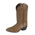 The Pure Western Womens Louetta Western Boots (P6W28515) Bomber by Pure Western feature brown leather, decorative stitching, a pointed western R toe, pull straps, memory foam innersole, and a black angled heel on a white background.