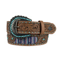 The Pure Western Womens Melanie Belt (P6W2939BLT) Tan features intricate floral tooling, turquoise accents, studs, a large removable silver buckle with turquoise stones, and a colorful geometric pattern along the center.