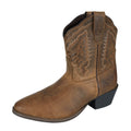The Pure Western Womens Socorro Western Boot (P6W28453) in tan features decorative stitching, a slightly pointed toe, a short angled heel, and a comfy memory foam innersole, shown facing left on a white background. Brand: Pure Western.