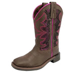 A 3-4 front view of a dark brown Pure Western Children's Abby Western Boot (PCP78114C) with fuchsia stitching on a white background.