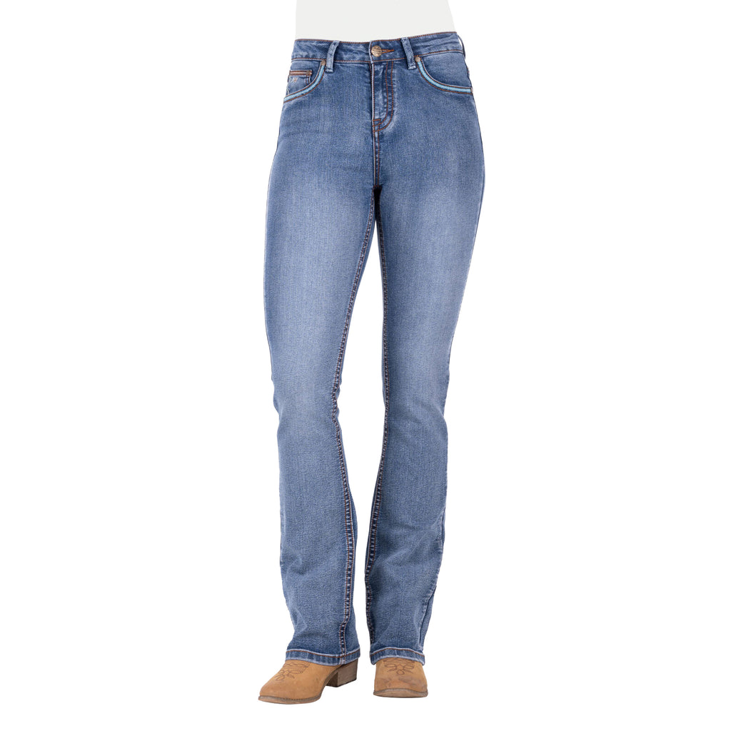 Pure Western Womens Nina Hi Rise Bootcut Jeans - 34 Leg (PCP2213607) Moonshine Blue jeans on a white background