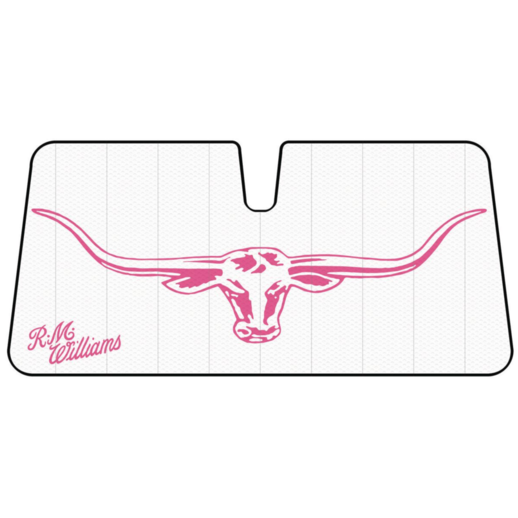 An R.M.Williams Front Universal Jillaroo Longhorn Sunshade (WSRM20-JIL) with a white backing, black trim, a pink longhorn steer graphic, and the custom name 'R.M. Williams' in pink script on the bottom left.