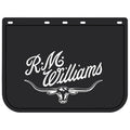 The R.M.Williams Heavy Duty Truck Mud Flap (MDRMWD) in black/white, 60cm x 45cm, features the iconic script and longhorn head design with pre-drilled holes for easy installation. Brand: R.M.Williams.
