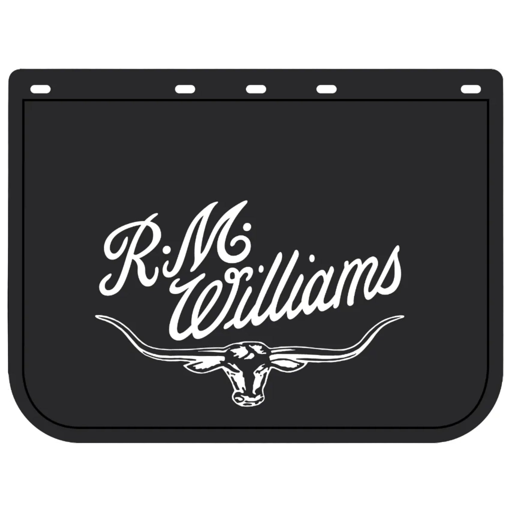 The R.M.Williams Heavy Duty Truck Mud Flap (MDRMWD) in black/white, 60cm x 45cm, features the iconic script and longhorn head design with pre-drilled holes for easy installation. Brand: R.M.Williams.