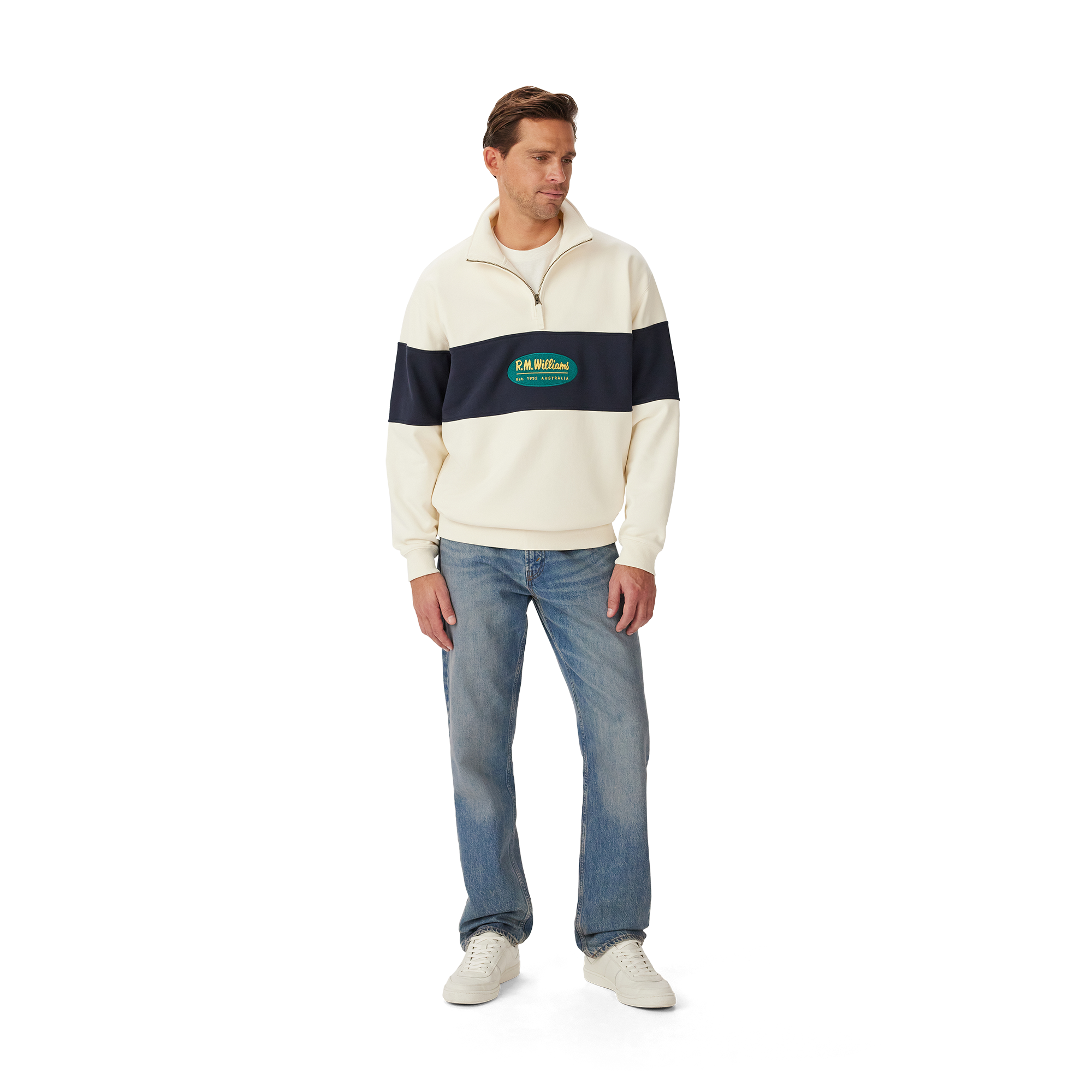 R.M.Williams Unisex 90s Logo 1/4 Zip Jumper (KZU00BB01) Ecru