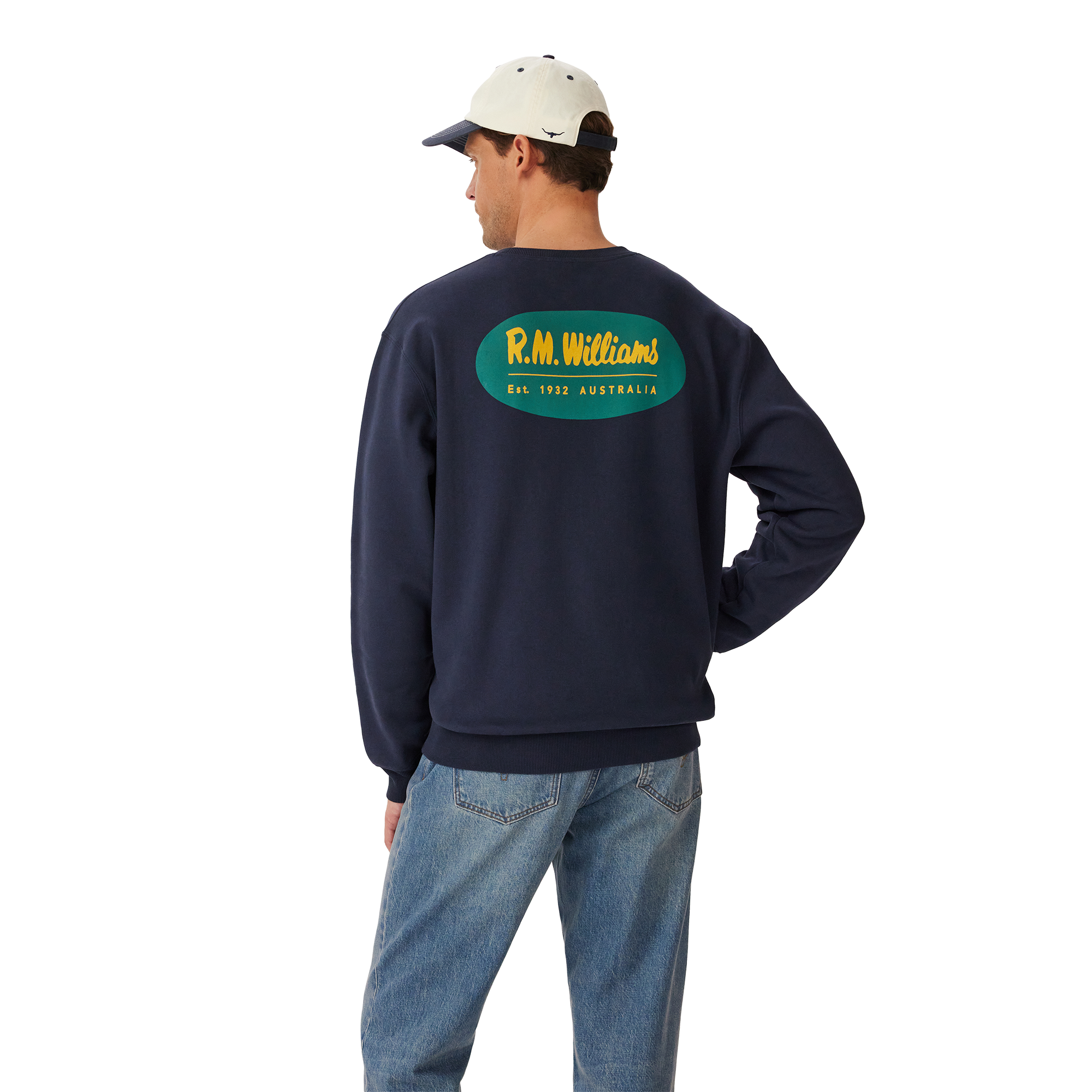 R.M.Williams Unisex 90s Logo Crew Jumper (KCU00BB01) Vintage Navy