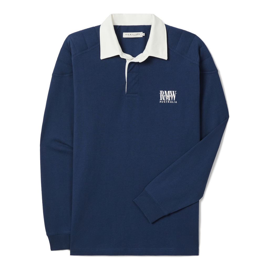 A flat laid R.M.Williams Mens Mulyungarie 1/4 Zip Sweatshirt (KZU00BB03) in Vintage Blue.