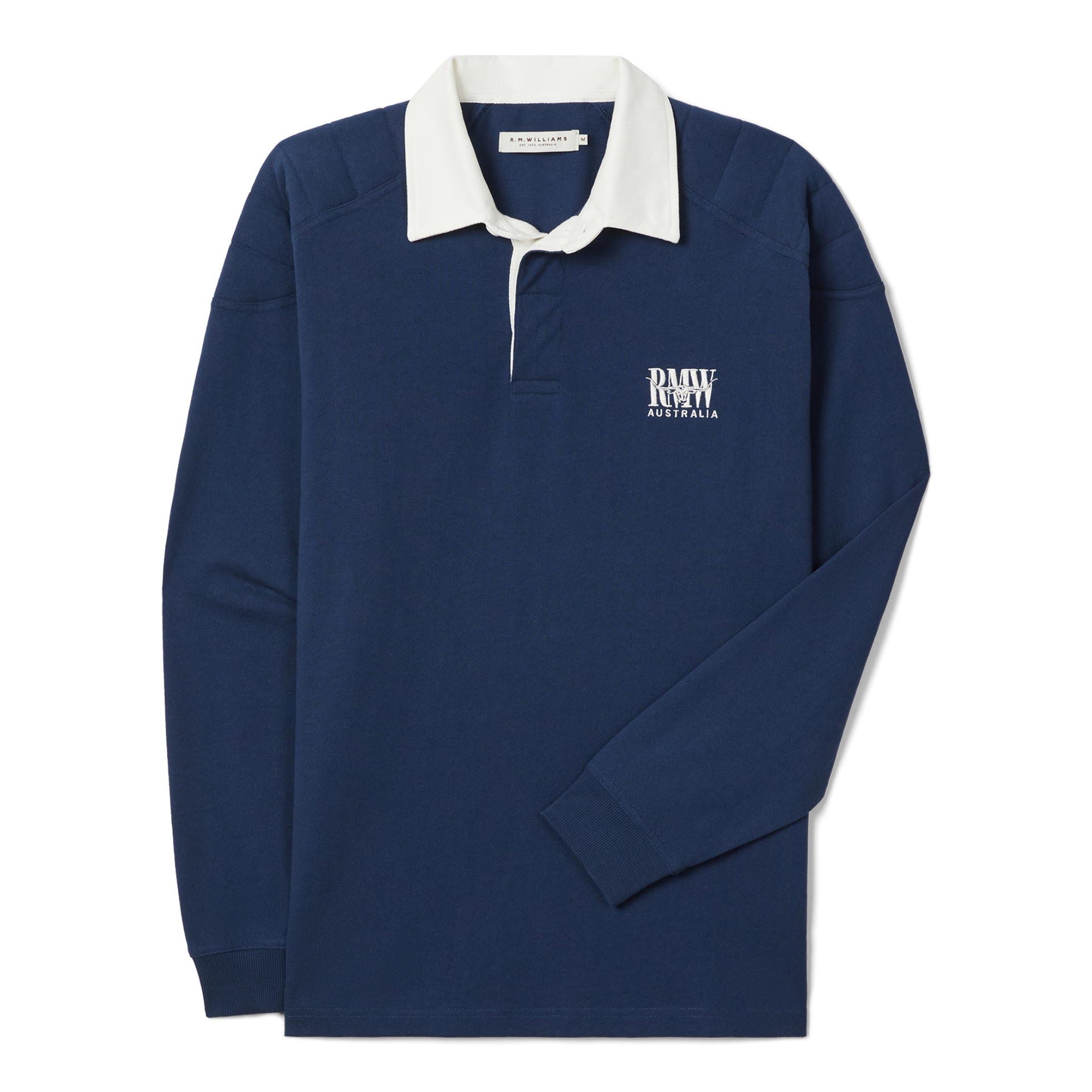 A flat laid R.M.Williams Mens Mulyungarie 1/4 Zip Sweatshirt (KZU00BB03) in Vintage Blue.