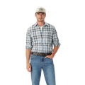A man in a light baseball cap, blue jeans, brown belt, and an R.M.Williams Mens O'Connell Check L/S Shirt (SH201BS02) White stands with one hand in his pocket against a plain white background.