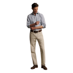 Man Modelling R.M.Williams Mens Quinn Poplin LS Check Shirt SHF01PS04 Brown SHF01PS0601 With cream pants on white background