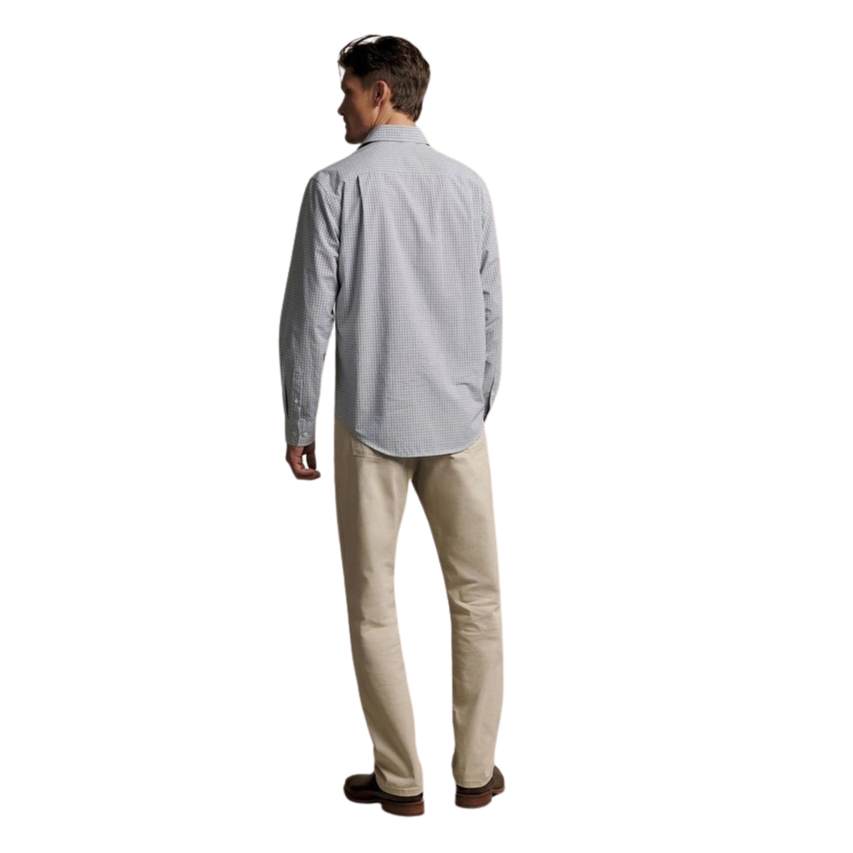  Back view of the R.M.Williams Mens Quinn Poplin LS Check Shirt SHF01PS04 Brown SHF01PS0601 On model on white back ground 