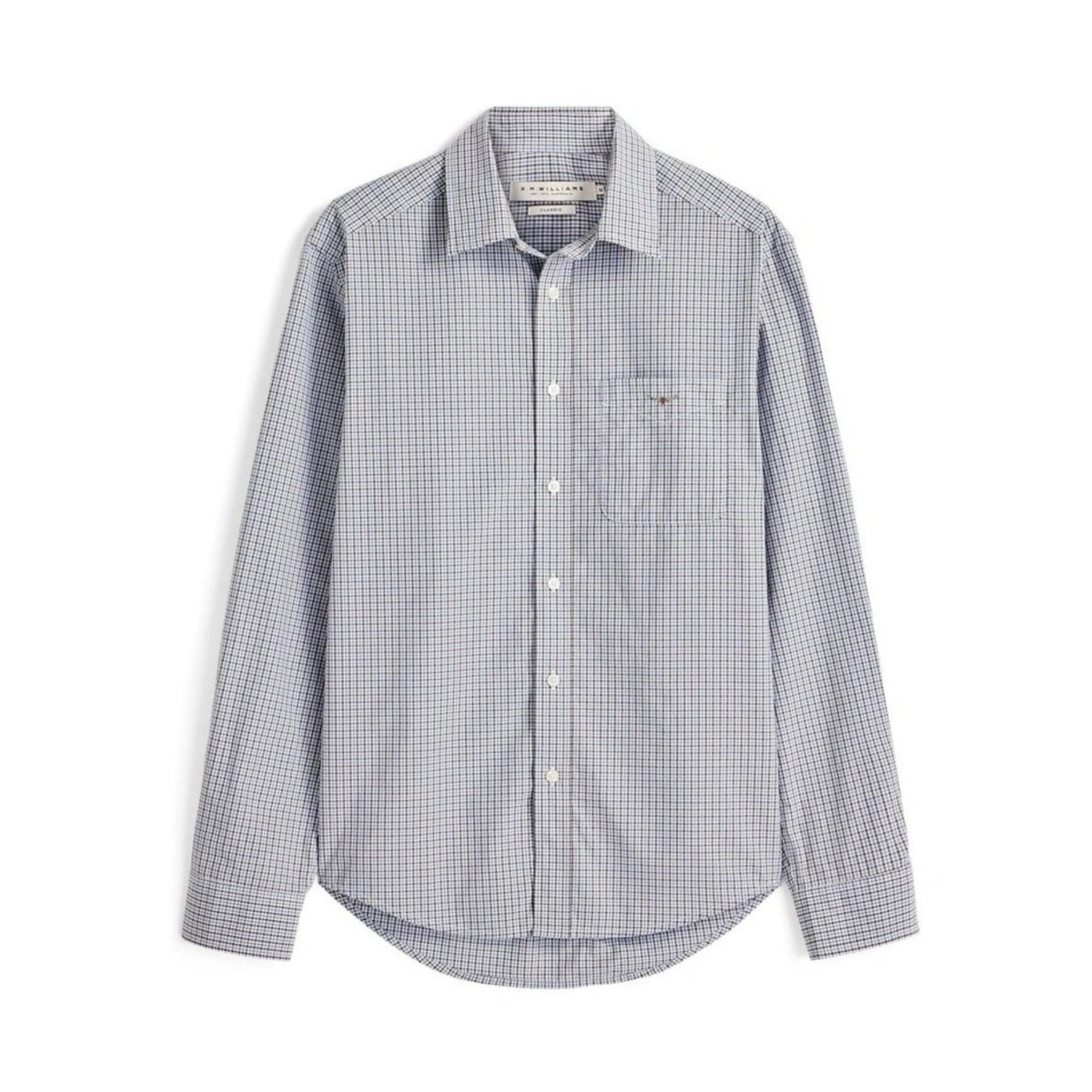 Front view of the  R.M.Williams Mens Quinn Poplin L/S Check Shirt (SHF01PS04) Brown on white Background 