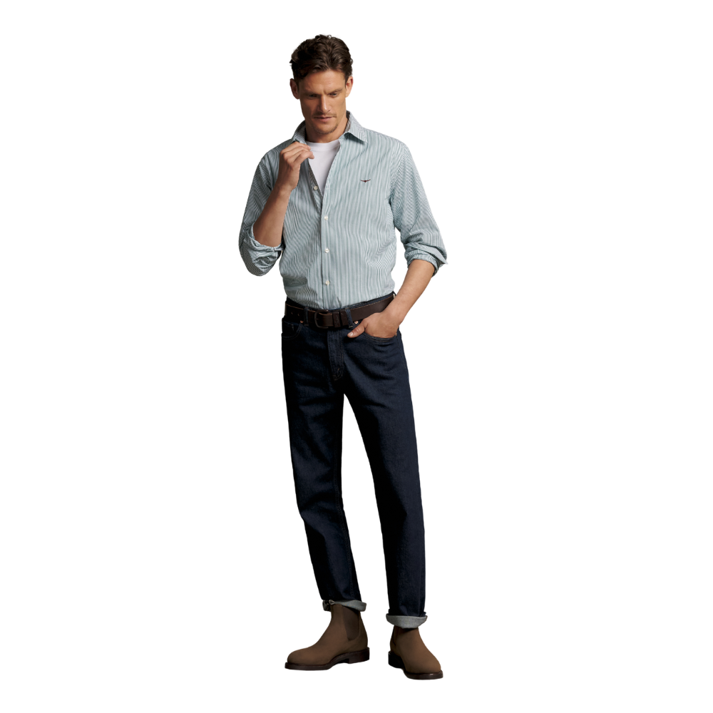 R.M.Williams Mens Sommers Poplin L/S Stripe Shirt (SH200PM03) Pine