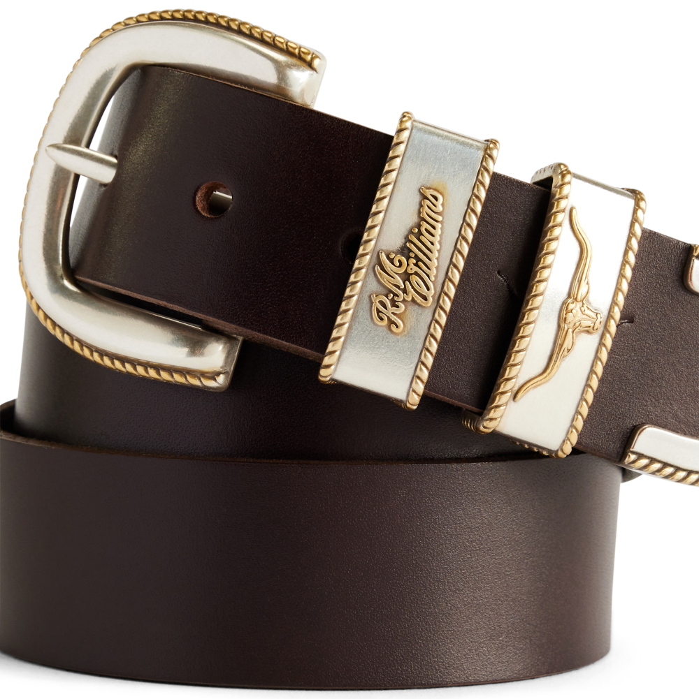 R.M.Williams  Rope Drover Belt (BSF5NCH02) Chestnut coiled on a white background.