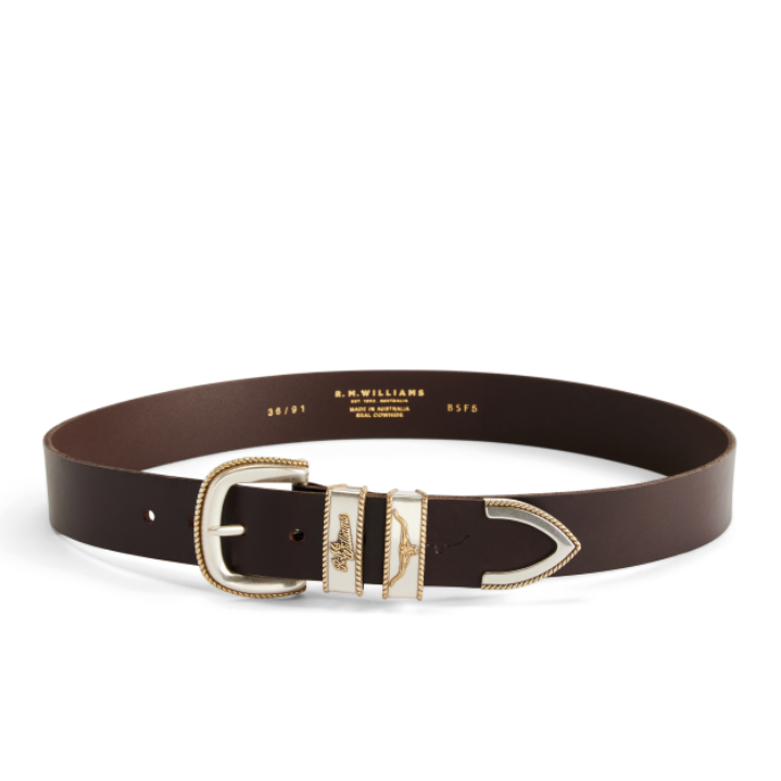 R.M.Williams  Rope Drover Belt (BSF5NCH02) Chestnut coiled on a white background.
