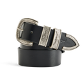 A coiled black R.M.Williams Western Drover Belt (BSF5DCH02) with engraved and embossed silver toned buckle, keepers and tail on a white background.