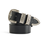 A coiled black R.M.Williams Western Drover Belt (BSF5DCH02) with engraved and embossed silver toned buckle, keepers and tail on a white background.
