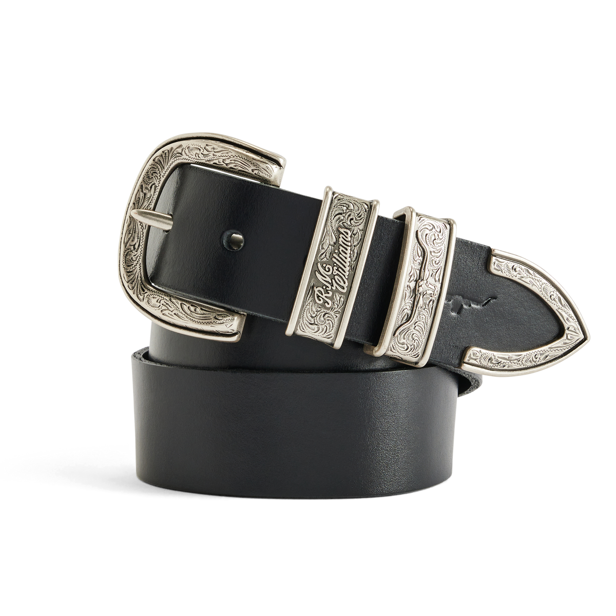 A coiled black R.M.Williams Western Drover Belt (BSF5DCH02) with engraved and embossed silver toned buckle, keepers and tail on a white background.