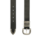 Flat lay of the engraved and embossed silver toned buckle, keepers and tail of a black R.M.Williams Western Drover Belt (BSF5DCH02) on a white background.