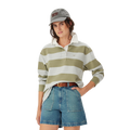 A woman wearing the R.M.Williams Womens Narran Stripe Rugby (KRR00RJ01) in Lichen stands with one hand on her hip against a plain white background.