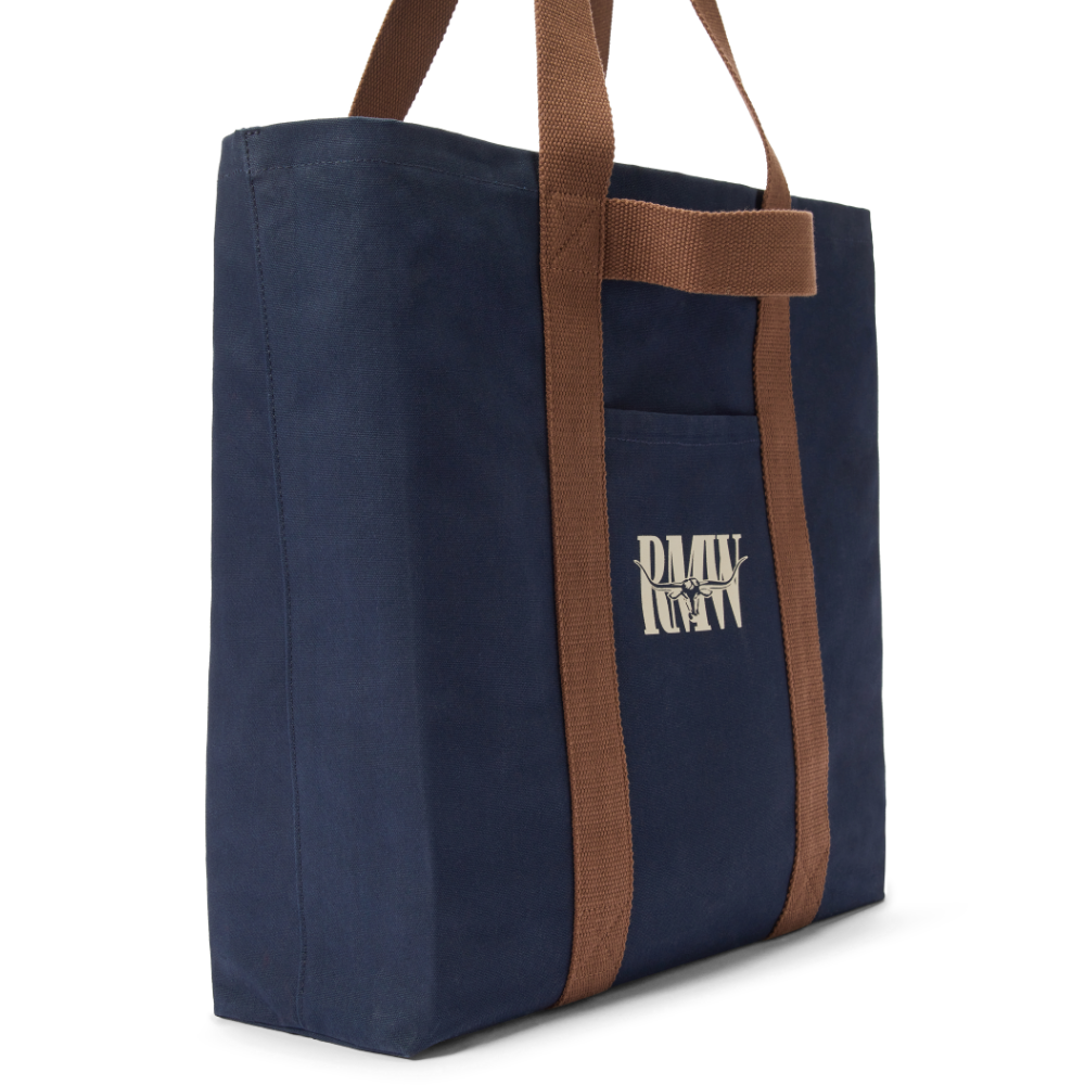 Navy R.M.Williams Heritage Tote (CGM9OCA04) with brown handles and RMW logo on a white background.