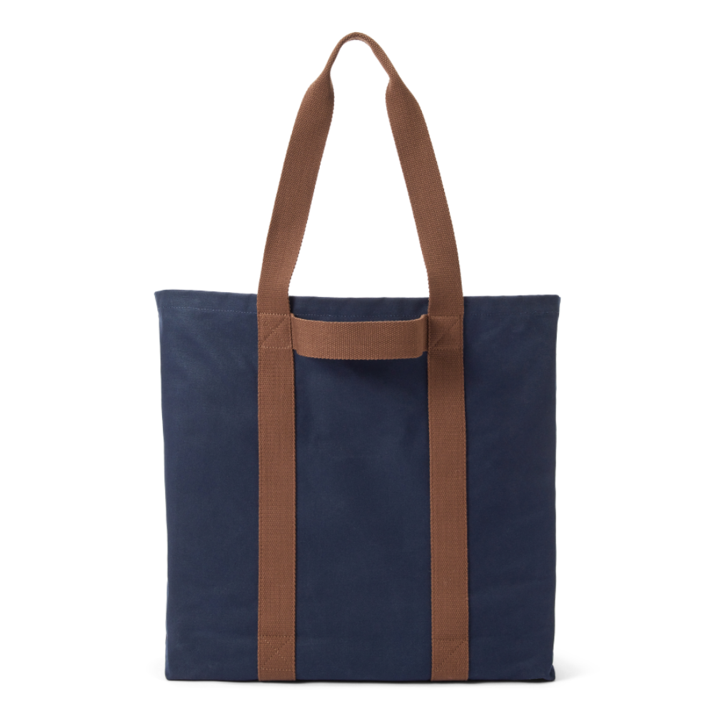 Back view of a navy R.M.Williams Heritage Tote (CGM9OCA04) with brown handles and RMW logo on a white background.