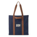 Navy R.M.Williams Heritage Tote (CGM9OCA04) with brown handles and RMW logo on a white background.