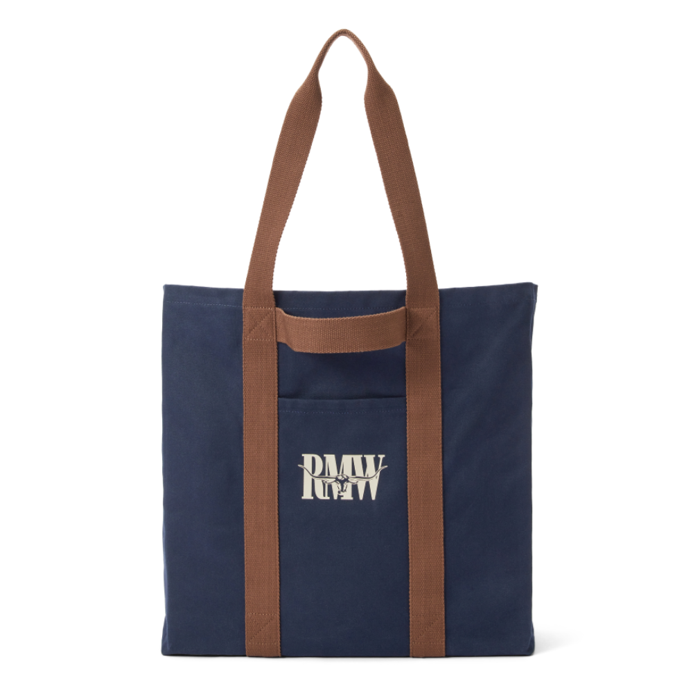 Navy R.M.Williams Heritage Tote (CGM9OCA04) with brown handles and RMW logo on a white background.