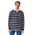 A man wearing a navy and sand R.M.Williams Men's Brunswick Rugby (KR200RJ12) with a white collar on a white background.