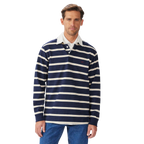 A man wearing a navy and sand R.M.Williams Men's Brunswick Rugby (KR200RJ12) with a white collar on a white background.