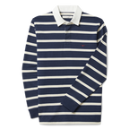 A navy and sand R.M.Williams Men's Brunswick Rugby (KR200RJ12) with a white collar on a white background.
