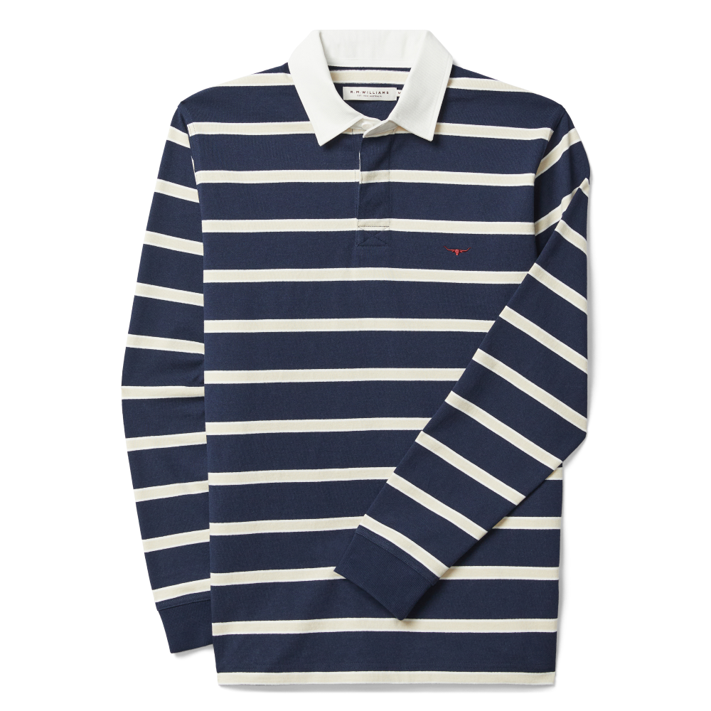 A navy and sand R.M.Williams Men's Brunswick Rugby (KR200RJ12) with a white collar on a white background.
