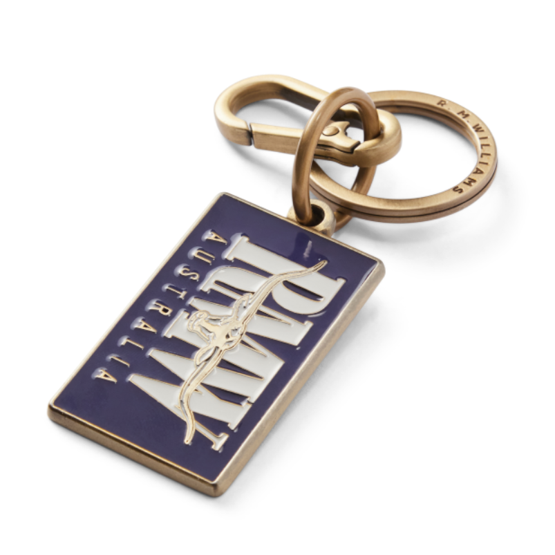 R.M.Williams Men's Heritage Logo Enamel Keyring (CKS4AMT02) in blue enamel featuring 'RMW Australia' on a white background.