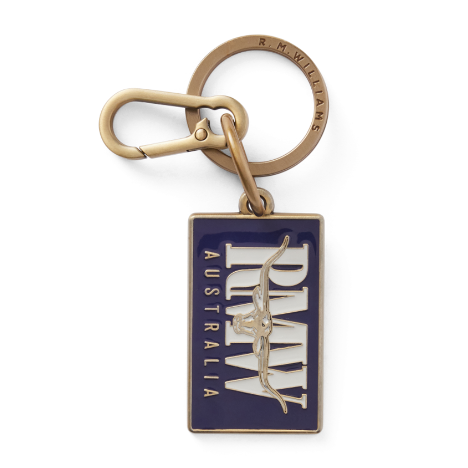 R.M.Williams Men's Heritage Logo Enamel Keyring (CKS4AMT02) in blue enamel featuring 'RMW Australia' on a white background