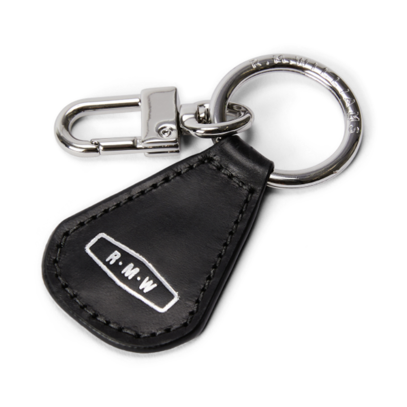 Black leather R.M.Williams Men's RMW Keyfob (CKS4MLE03) with a metal ring and snap on a white background.