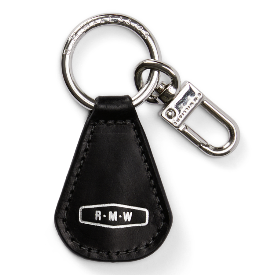 Black leather R.M.Williams Men's Keyfob (CKS4MLE03) with metal ring and clip on a white background.