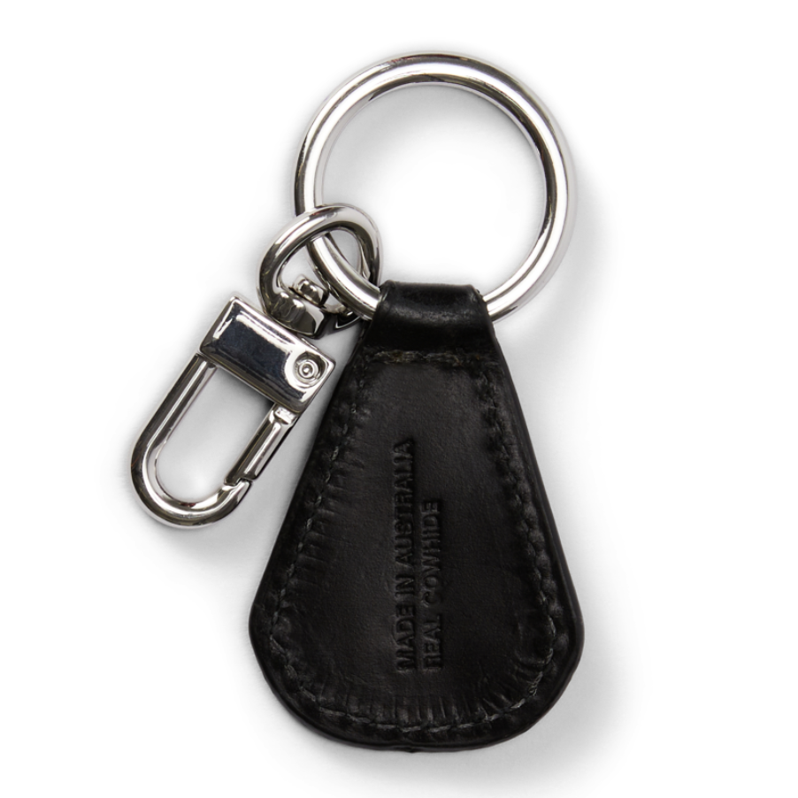 Back view of a black leather R.M.Williams Men's Keyfob (CKS4MLE03) with metal ring and clip on a white background.