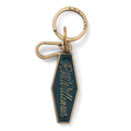 Brass and pine green R.M.Williams Men's Rope Logo Enamel Keyring (CKS4AMT01) with cursive RMWilliams text on a white background.