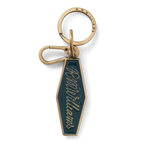 Brass and pine green R.M.Williams Men's Rope Logo Enamel Keyring (CKS4AMT01) with cursive RMWilliams text on a white background.