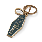 Brass and pine green R.M.Williams Men's Rope Logo Enamel Keyring (CKS4AMT01) with cursive RMWilliams text on a white background.