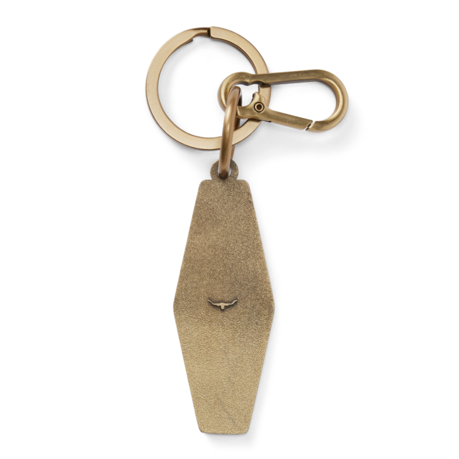 Back view of a brass and pine green R.M.Williams Men's Rope Logo Enamel Keyring (CKS4AMT01) with cursive RMWilliams text on a white background.