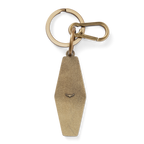 Back view of a brass and pine green R.M.Williams Men's Rope Logo Enamel Keyring (CKS4AMT01) with cursive RMWilliams text on a white background.