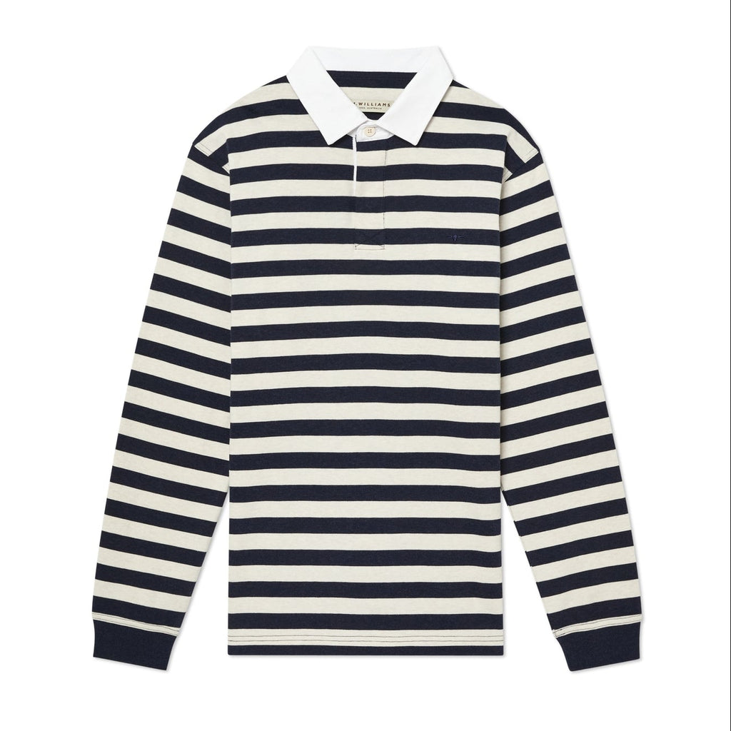 Navy and cream R.M.Williams Men's Tweedale Rugby (KR200JS3P01) with a collar on a white background.