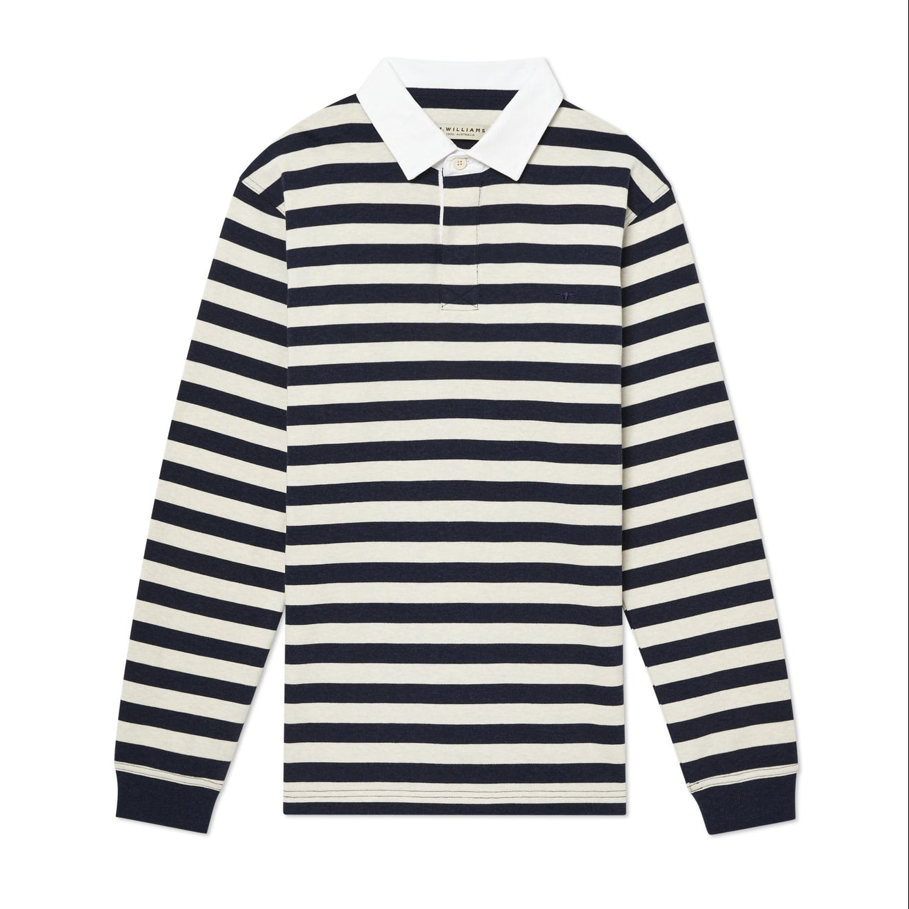 Navy and cream R.M.Williams Men's Tweedale Rugby (KR200JS3P01) with a collar on a white background.