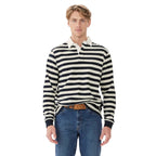 A man wearing a navy and cream R.M.Williams Men's Tweedale Rugby (KR200JS3P01) with a collar on a white background.