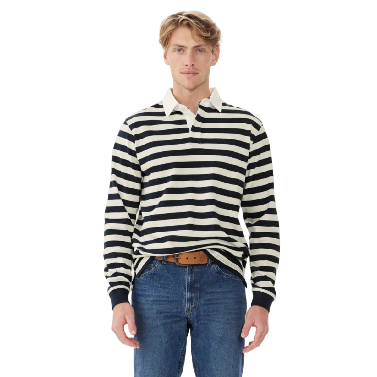 A man wearing a navy and cream R.M.Williams Men's Tweedale Rugby (KR200JS3P01) with a collar on a white background.
