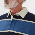 Close-up of a man wearing a blue, navy and white striped R.M.Williams Men's Tweedale Rugby (KR200JSFW01) on a white background.