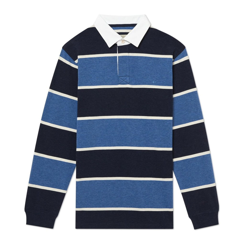 Blue, navy and white striped R.M.Williams Men's Tweedale Rugby (KR200JSFW01) on a white background.