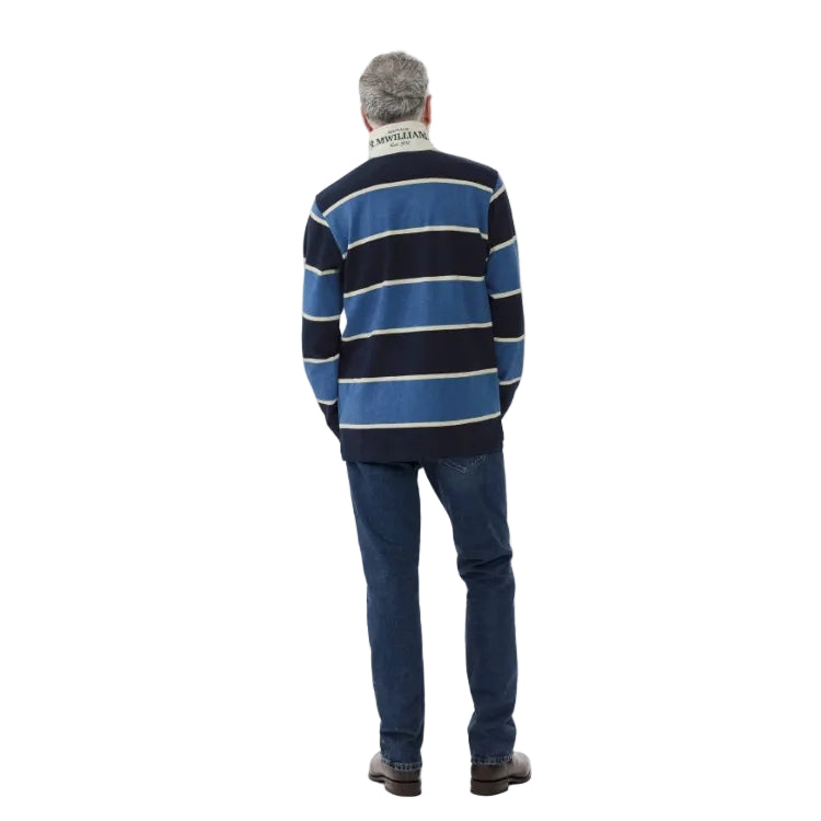 A man viewed from behind wearing a blue, navy and white striped R.M.Williams Men's Tweedale Rugby (KR200JSFW01) on a white background.